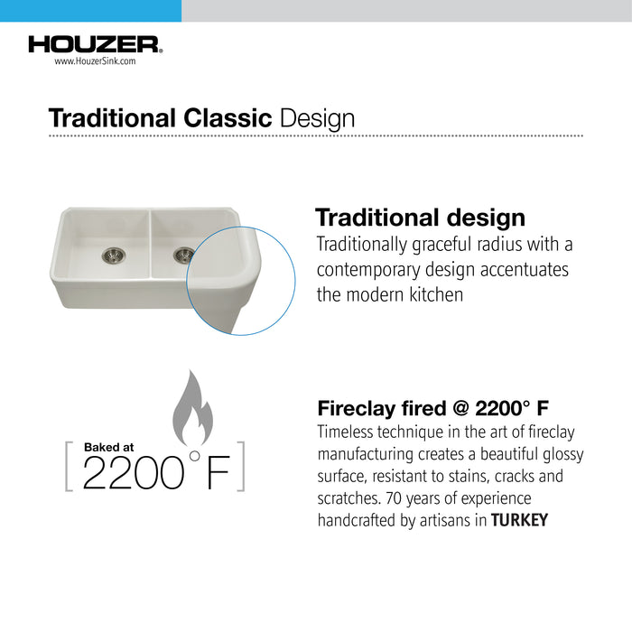 Houzer PTU-3200 BQ Platus 32" Biscuit Fireclay Undermount 50/50 Double Bowl Kitchen Sink