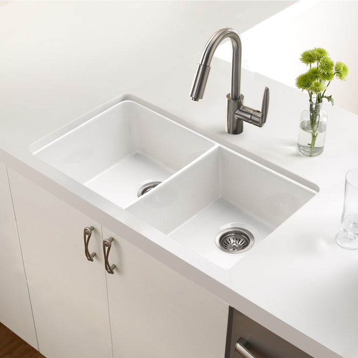 Houzer PTU-3200 WH-C Platus 32" White Fireclay Undermount 50/50 Double Bowl Kitchen Sink