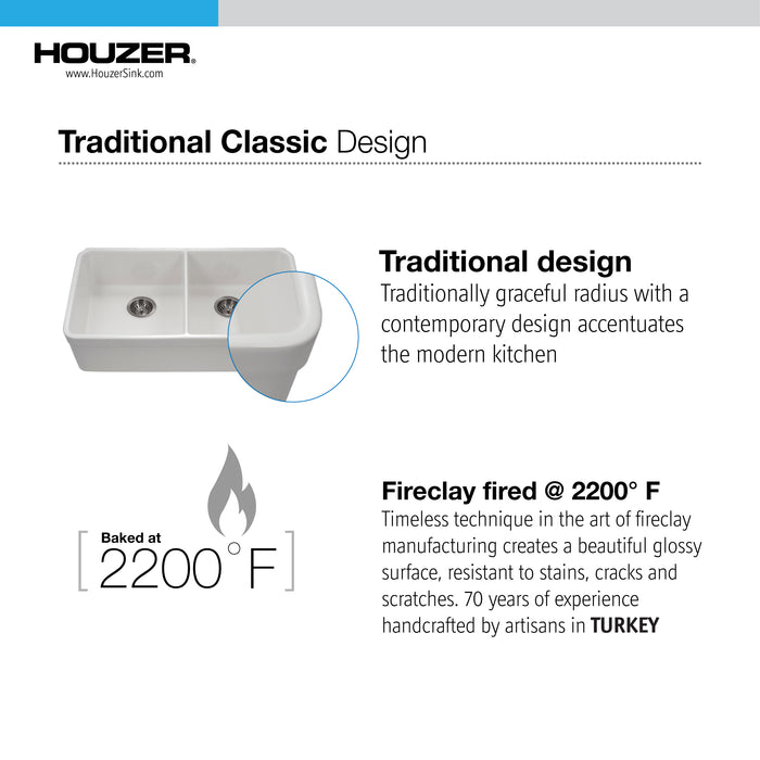 Houzer PTU-3200 WH-C Platus 32" White Fireclay Undermount 50/50 Double Bowl Kitchen Sink