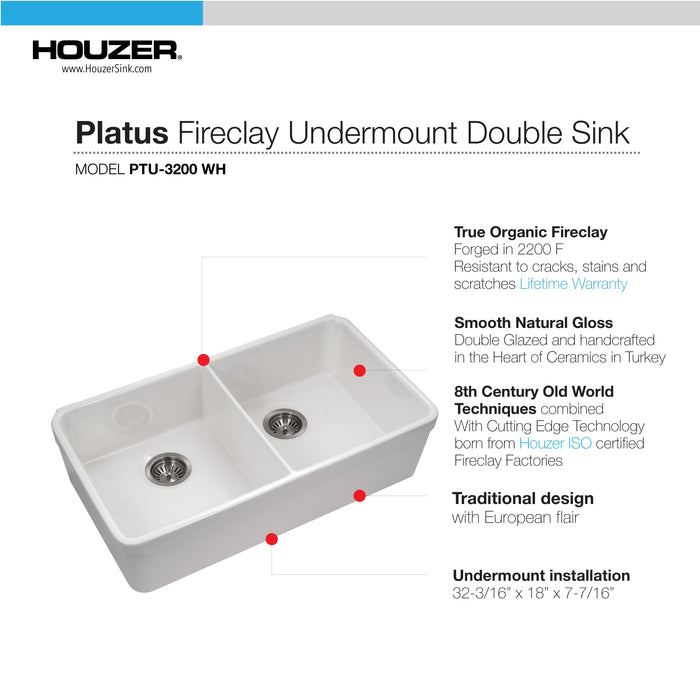 Houzer PTU-3200 WH Platus 32" White Fireclay Undermount 50/50 Double Bowl Kitchen Sink