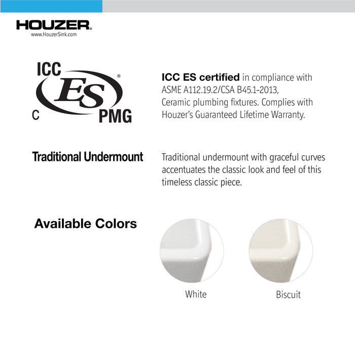 Houzer PTU-3200 WH Platus 32" White Fireclay Undermount 50/50 Double Bowl Kitchen Sink