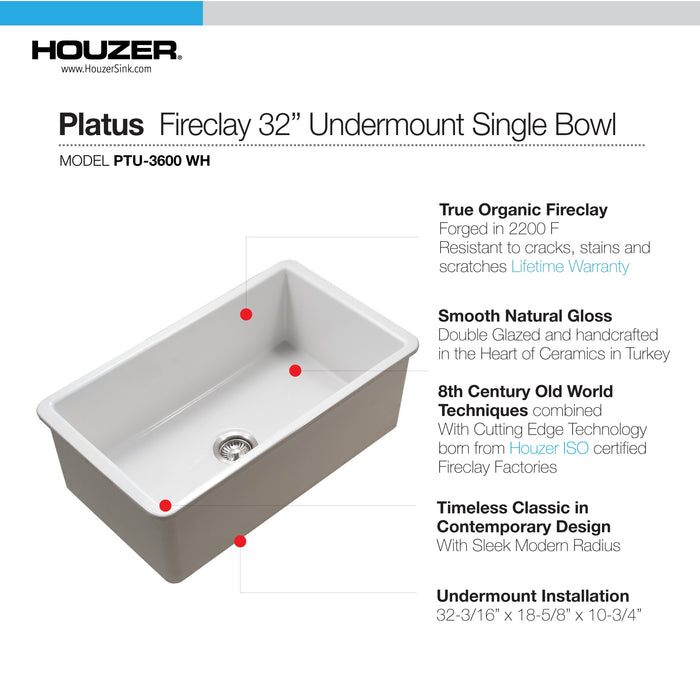 Houzer PTU-3600 WH Platus 32" White Fireclay Undermount Single Bowl Kitchen Sink