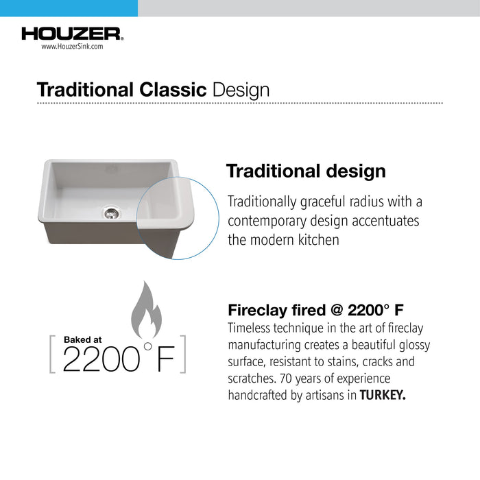 Houzer PTU-3600 WH Platus 32" White Fireclay Undermount Single Bowl Kitchen Sink