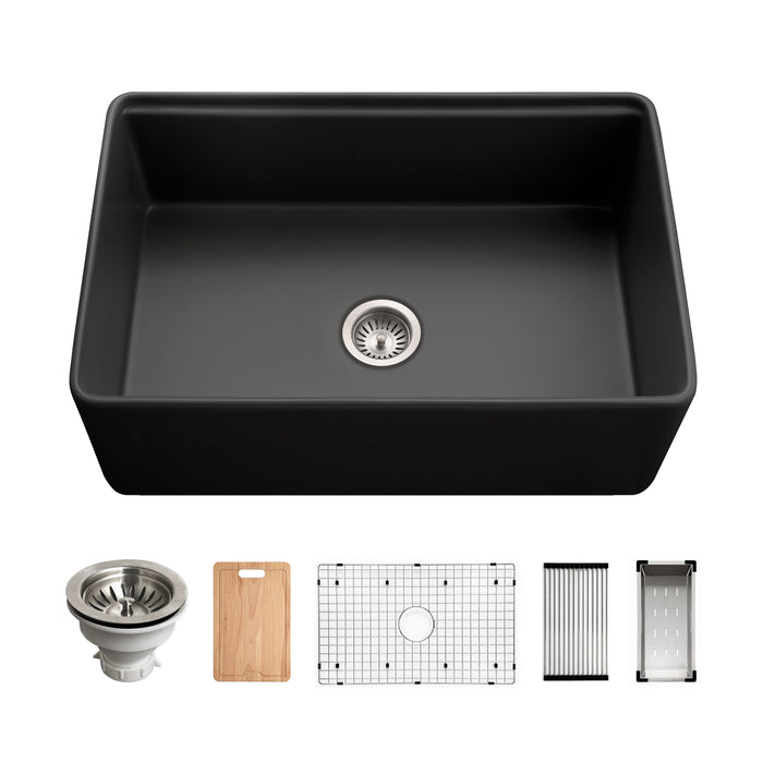 Houzer PTW-3020S BL Aspire 30" Black Fireclay Farmhouse Single Bowl Workstation Sink