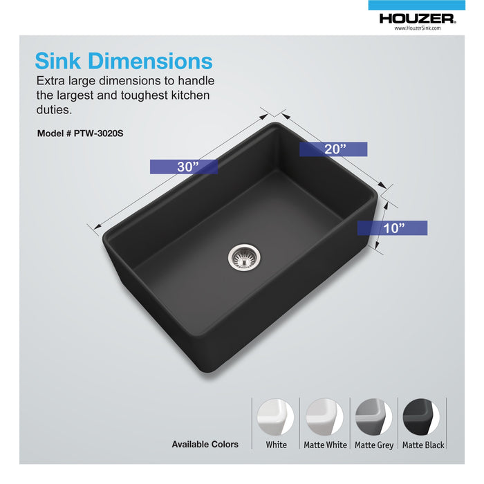Houzer PTW-3020S BL Aspire 30" Black Fireclay Farmhouse Single Bowl Workstation Sink