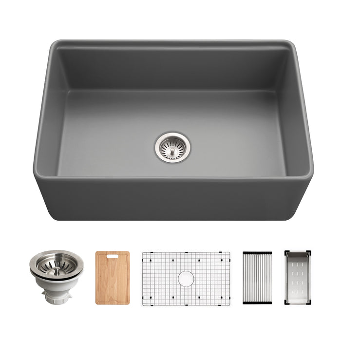 Houzer PTW-3020S GR Aspire 30" Gray Fireclay Farmhouse Single Bowl Workstation Sink