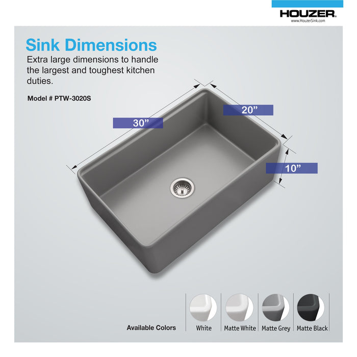 Houzer PTW-3020S GR Aspire 30" Gray Fireclay Farmhouse Single Bowl Workstation Sink