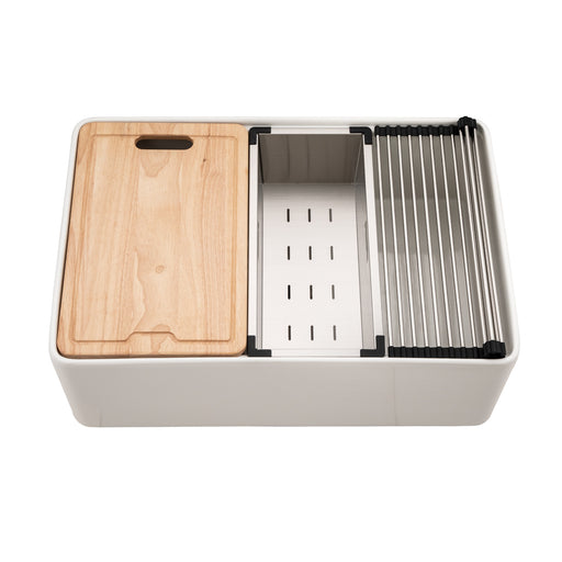 Houzer PTW-3020S MWH Aspire 30" Matte White Fireclay Farmhouse Single Bowl Workstation Sink