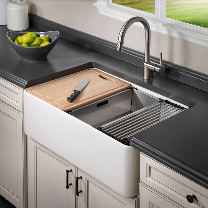 Houzer PTW-3020S MWH Aspire 30" Matte White Fireclay Farmhouse Single Bowl Workstation Sink