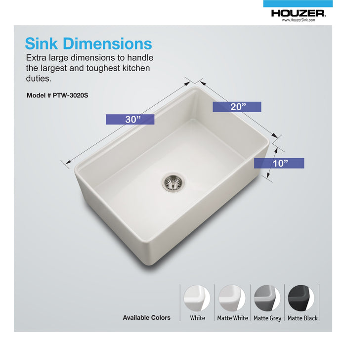 Houzer PTW-3020S MWH Aspire 30" Matte White Fireclay Farmhouse Single Bowl Workstation Sink