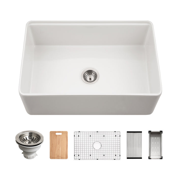 Houzer PTW-3020S WH Aspire 30" White Fireclay Farmhouse Single Bowl Workstation Sink