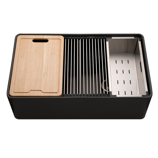 Houzer PTW-3320SD BL Aspire 33" Black Fireclay Farmhouse 50/50 Double Bowl Workstation Sink