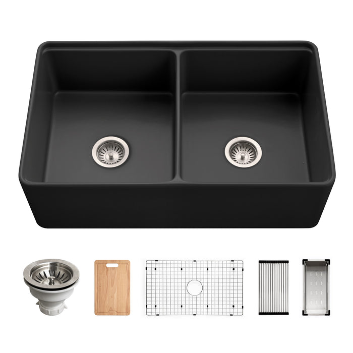Houzer PTW-3320SD BL Aspire 33" Black Fireclay Farmhouse 50/50 Double Bowl Workstation Sink