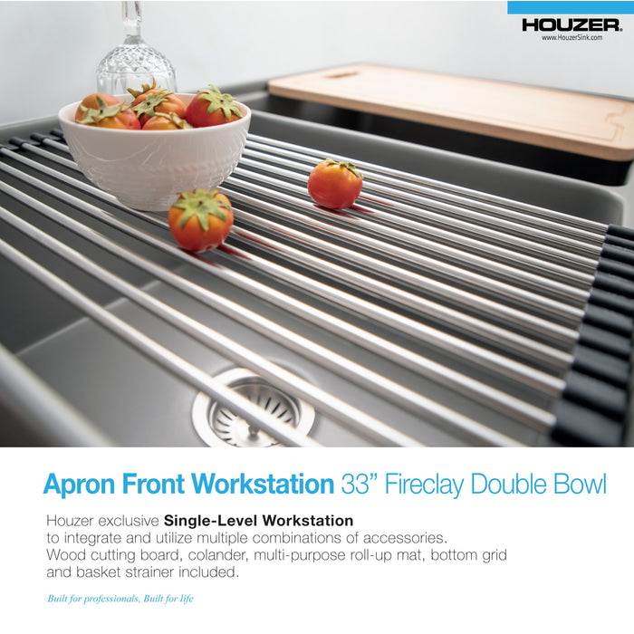 Houzer PTW-3320SD GR Aspire 33" Gray Fireclay Farmhouse 50/50 Double Bowl Workstation Sink
