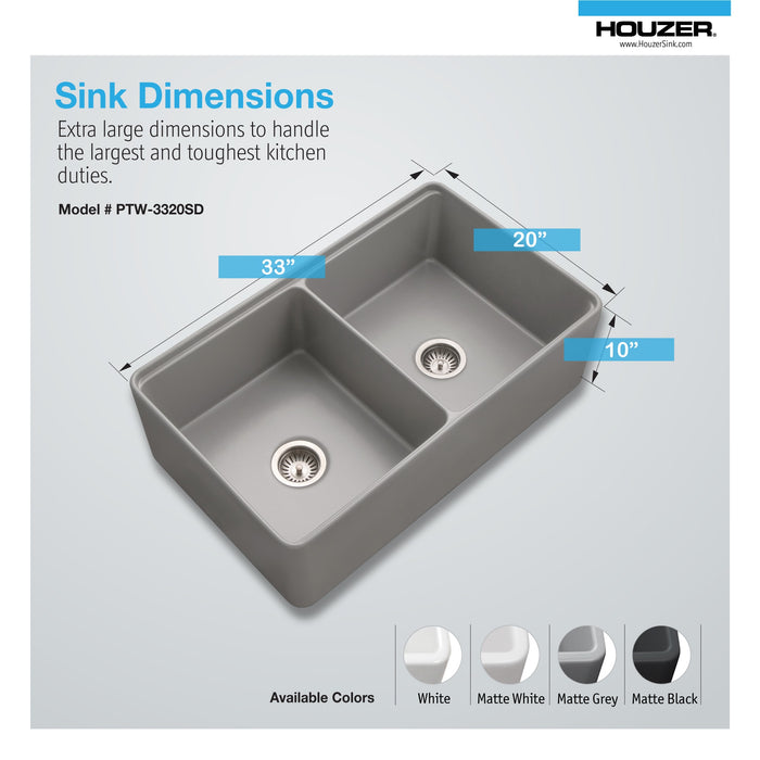 Houzer PTW-3320SD GR Aspire 33" Gray Fireclay Farmhouse 50/50 Double Bowl Workstation Sink