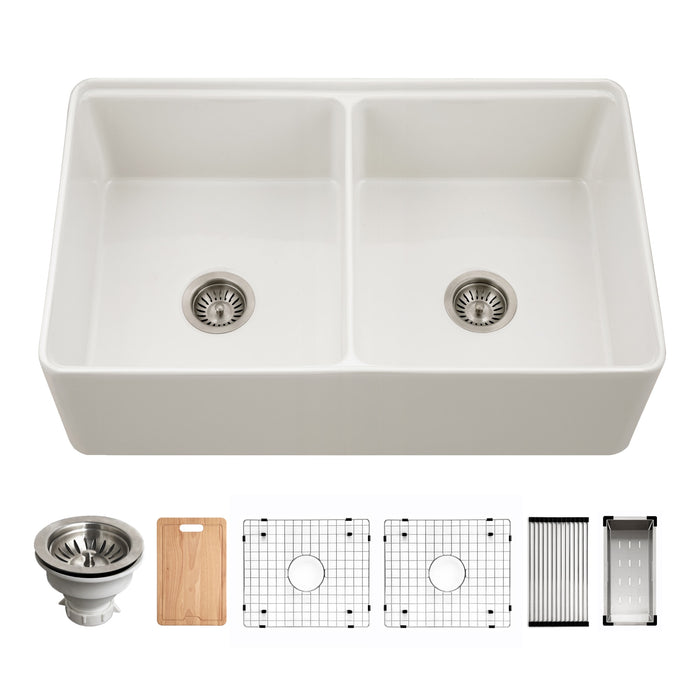 Houzer PTW-3320SD MWH Aspire 33" Matte White Fireclay Farmhouse Double Bowl Workstation Sink