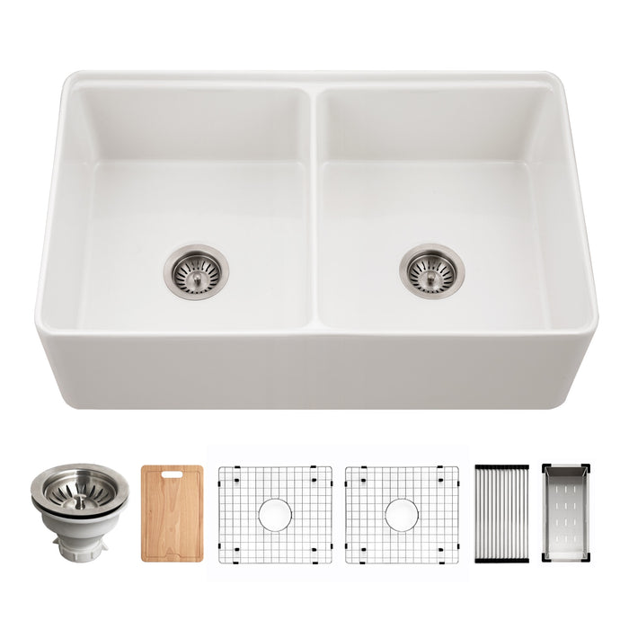 Houzer PTW-3320SD WH Aspire 33" White Fireclay Farmhouse 50/50 Double Bowl Workstation Sink