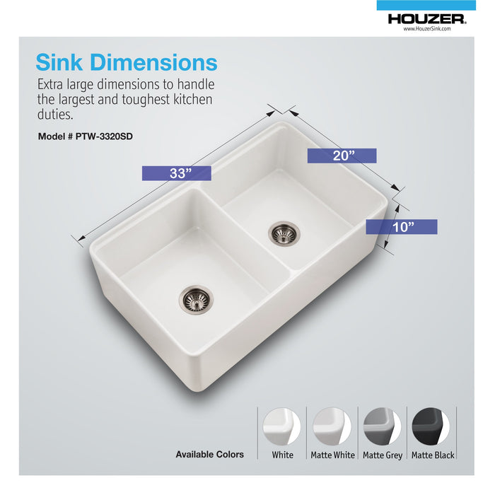 Houzer PTW-3320SD WH Aspire 33" White Fireclay Farmhouse 50/50 Double Bowl Workstation Sink