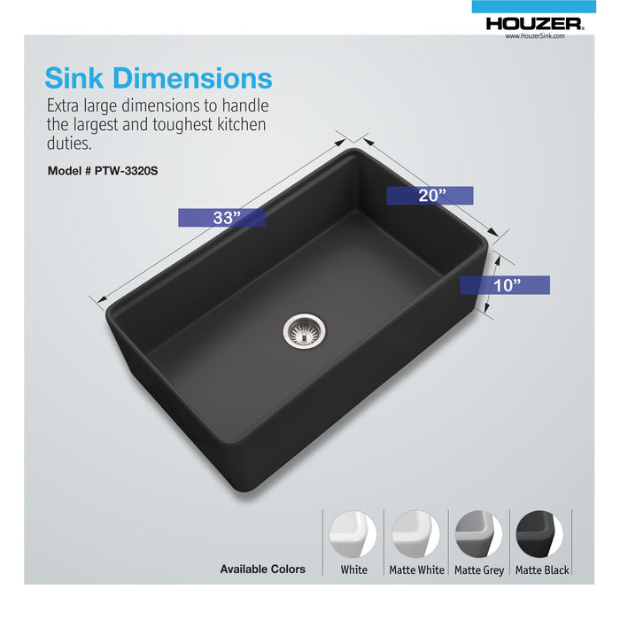 Houzer PTW-3320S BL Aspire 33" Black Fireclay Farmhouse Single Bowl Workstation