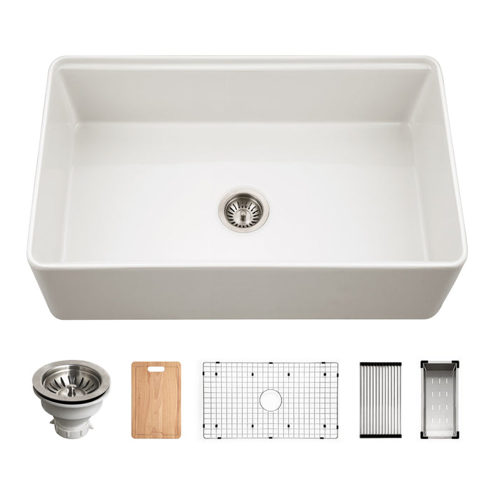 Houzer PTW-3320S MWH Aspire 33" Matte White Fireclay Farmhouse Single Bowl Workstation