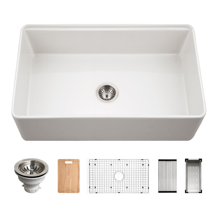 Houzer PTW-3320S WH Aspire 33" White Fireclay Farmhouse Single Bowl Workstation