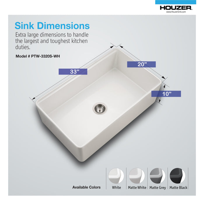 Houzer PTW-3320S WH Aspire 33" White Fireclay Farmhouse Single Bowl Workstation