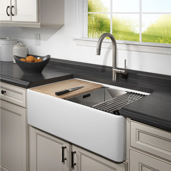 Houzer PTW-3320S WH Aspire 33" White Fireclay Farmhouse Single Bowl Workstation