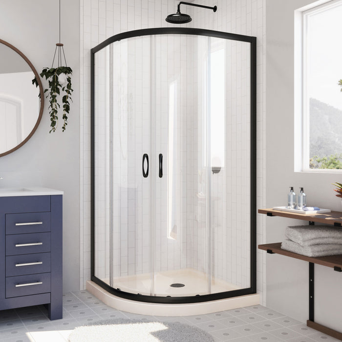 Dreamline DL-6703-22-09 Prime 38" x 74 3/4" Semi-Frameless Clear Glass Sliding Shower Enclosure in Satin Black with Biscuit Base Kit