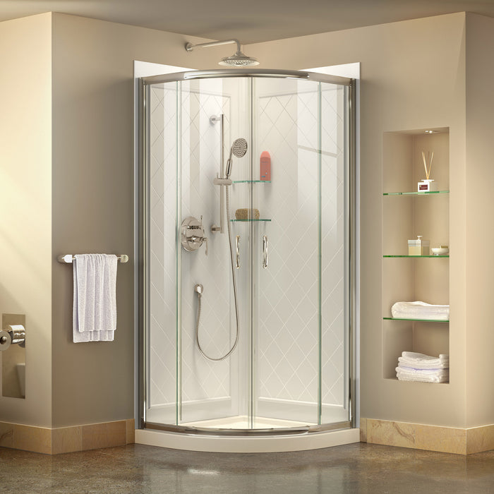 DreamLine DL-6152-01CL Prime 33" x 76 3/4" Semi-Frameless Clear Glass Sliding Shower Enclosure in Chrome with White Base and Backwalls