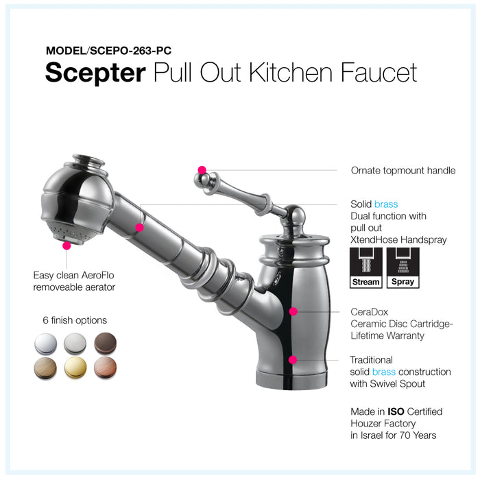 Houzer SCEPO-263-PC Scepter Pull out Traditional Solid Brass Kitchen Faucet CeraDox Technology