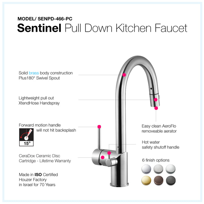 Houzer SENPD-466-PC Sentinel Series Polished Chrome Single Handle Pull-Down Kitchen Faucet
