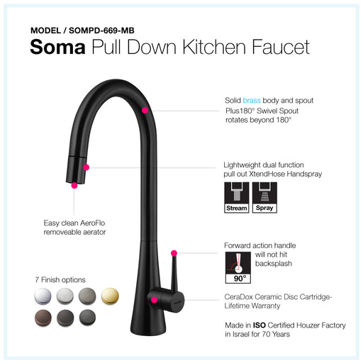 Houzer SOMPD-669-MB Soma Series Matte Black Single Handle Pull-Down Kitchen Faucet