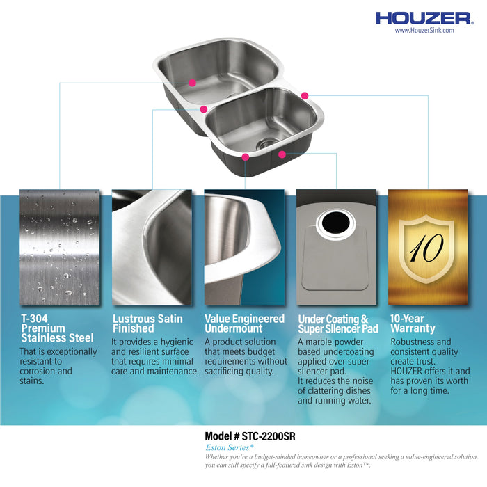 Houzer STC-2200SR-1 Eston 32" Stainless Steel Undermount 70/30 Double Bowl Offset Kitchen Sink