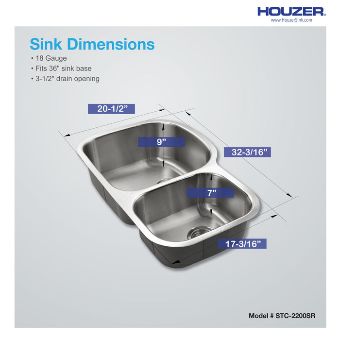 Houzer STC-2200SR-1 Eston 32" Stainless Steel Undermount 70/30 Double Bowl Offset Kitchen Sink
