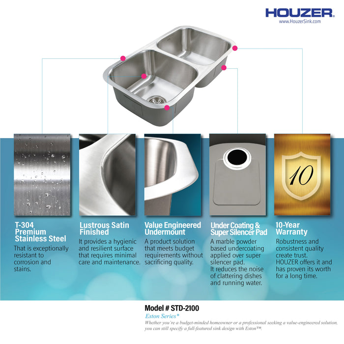 Houzer STD-2100-1 Eston 31" Stainless Steel Undermount 50/50 Double Bowl Kitchen Sink