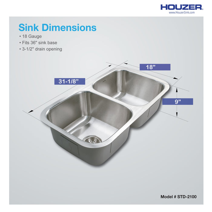 Houzer STD-2100-1 Eston 31" Stainless Steel Undermount 50/50 Double Bowl Kitchen Sink