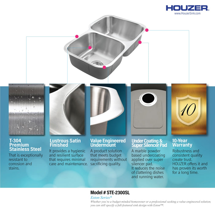 Houzer STE-2300SL-1 Eston 31" Stainless Steel Undermount 60/40 Double Bowl Offset Kitchen Sink