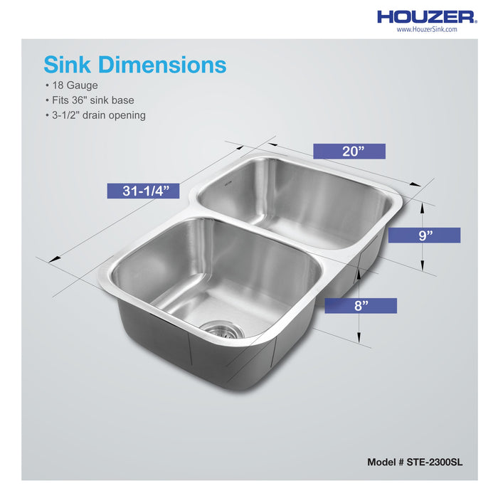 Houzer STE-2300SL-1 Eston 31" Stainless Steel Undermount 60/40 Double Bowl Offset Kitchen Sink