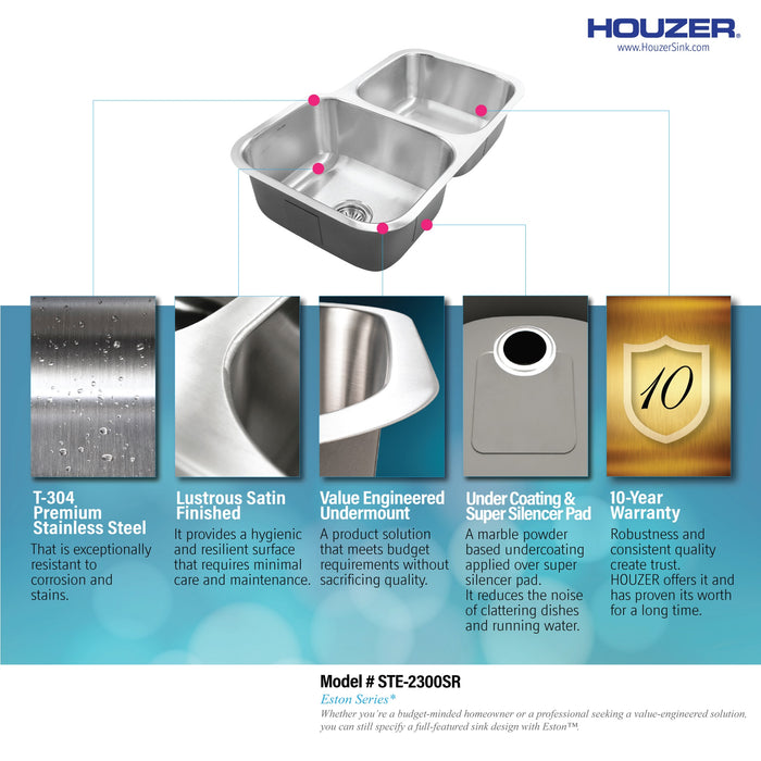 Houzer STE-2300SR-1 Eston 31" Stainless Steel Undermount 60/40 Double Bowl Offset Kitchen Sink