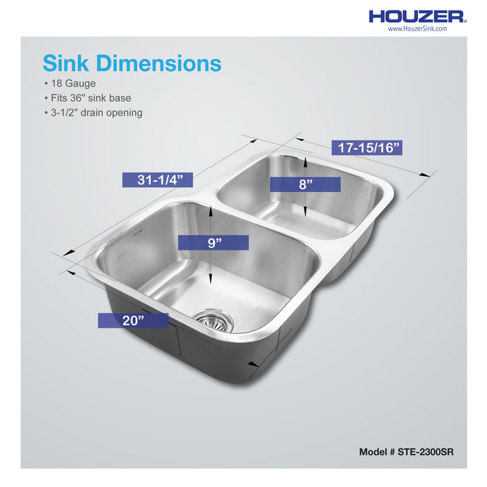 Houzer STE-2300SR-1 Eston 31" Stainless Steel Undermount 60/40 Double Bowl Offset Kitchen Sink
