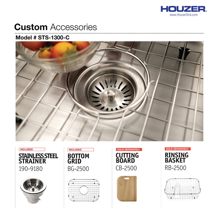 Houzer STS-1300-C Eston 23" Stainless Steel Undermount Single Bowl Kitchen Sink with Strainer & Bottom Grid