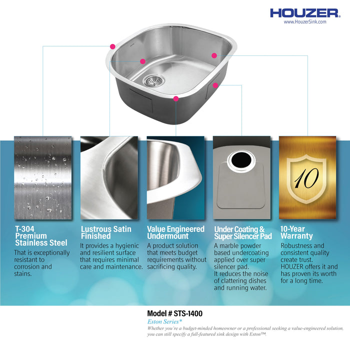 Houzer STS-1400-1 Eston 24" Stainless Steel Undermount Single D Bowl Kitchen Sink