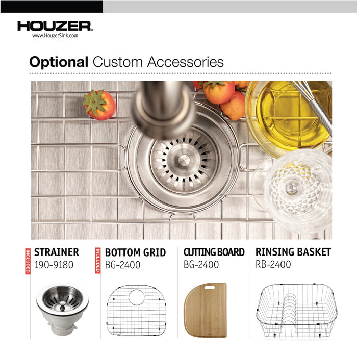 Houzer STS-1400-C Eston 24" Stainless Steel Undermount Single D Bowl Kitchen Sink with Strainer & Bottom Grid