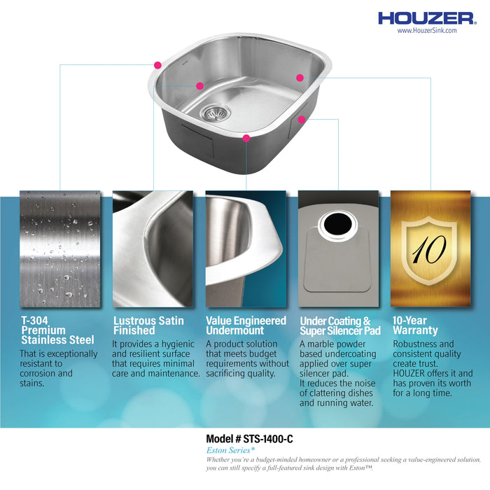 Houzer STS-1400-C Eston 24" Stainless Steel Undermount Single D Bowl Kitchen Sink with Strainer & Bottom Grid