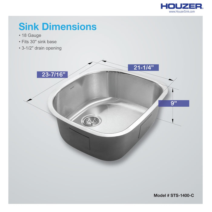 Houzer STS-1400-C Eston 24" Stainless Steel Undermount Single D Bowl Kitchen Sink with Strainer & Bottom Grid