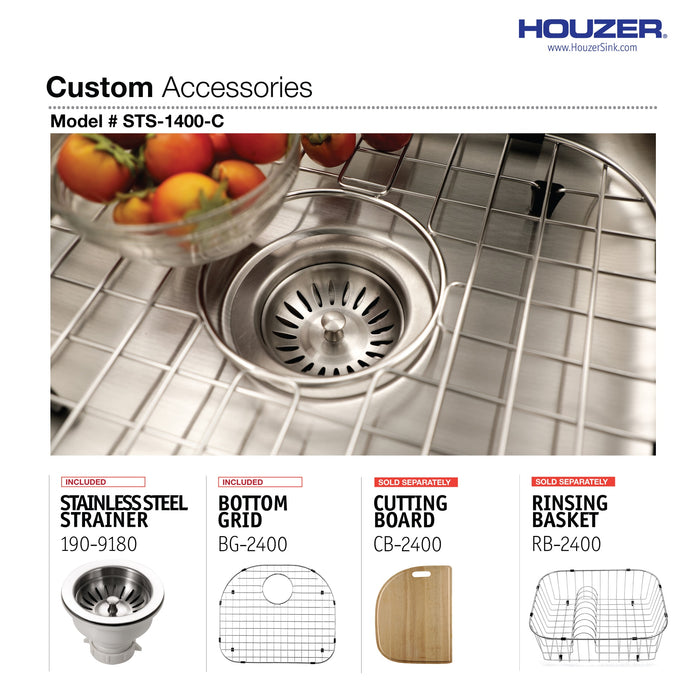 Houzer STS-1400-C Eston 24" Stainless Steel Undermount Single D Bowl Kitchen Sink with Strainer & Bottom Grid