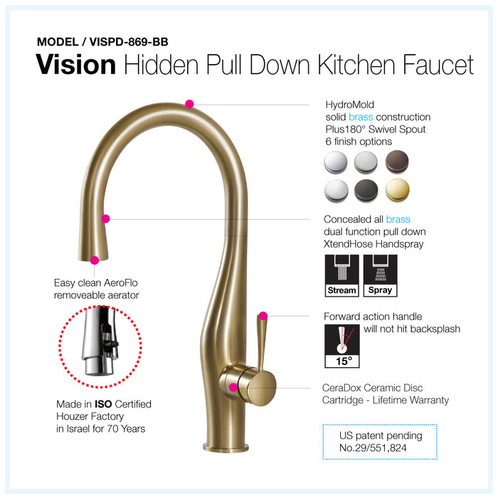 Houzer VISPD-869-BB Vision Hidden Pull Down Kitchen Faucet with CeraDox Technology