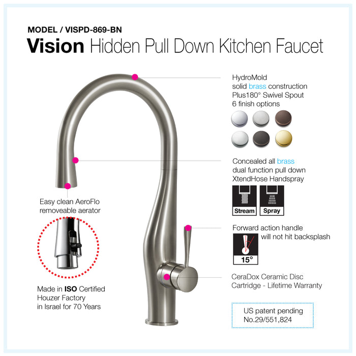 Houzer VISPD-869-BN Vision Hidden Pull Down Kitchen Faucet with CeraDox Technology