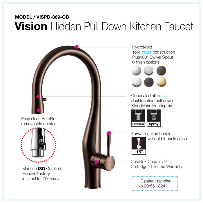 Houzer VISPD-869-OB Vision Hidden Pull Down Kitchen Faucet with CeraDox Technology