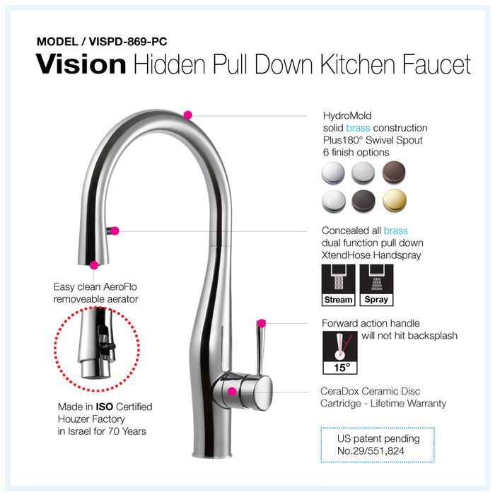 Houzer VISPD-869-PC Vision Hidden Pull Down Kitchen Faucet with CeraDox Technology